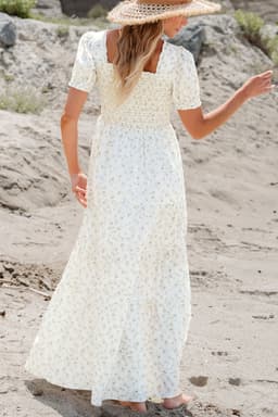 image-White Frilly Shirred Bodice Tiered Floral Maxi Dress