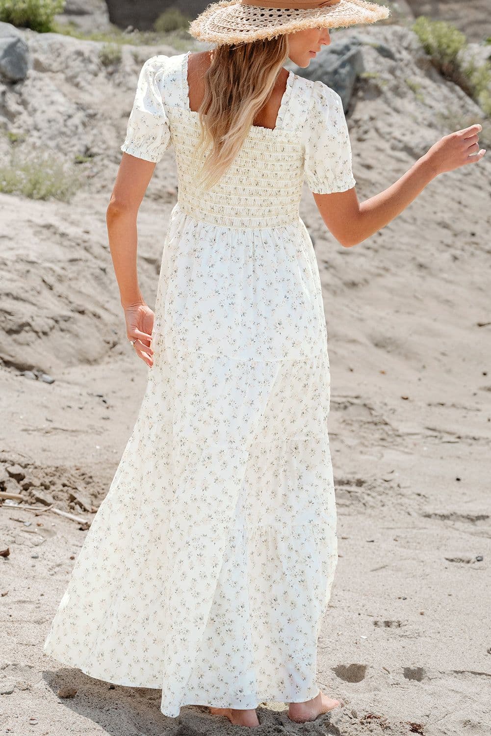 image-White Frilly Shirred Bodice Tiered Floral Maxi Dress