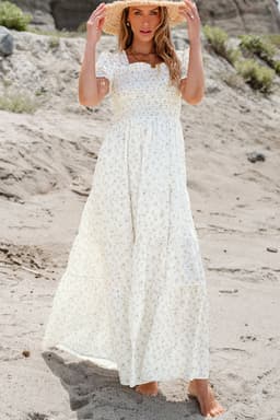 image-White Frilly Shirred Bodice Tiered Floral Maxi Dress