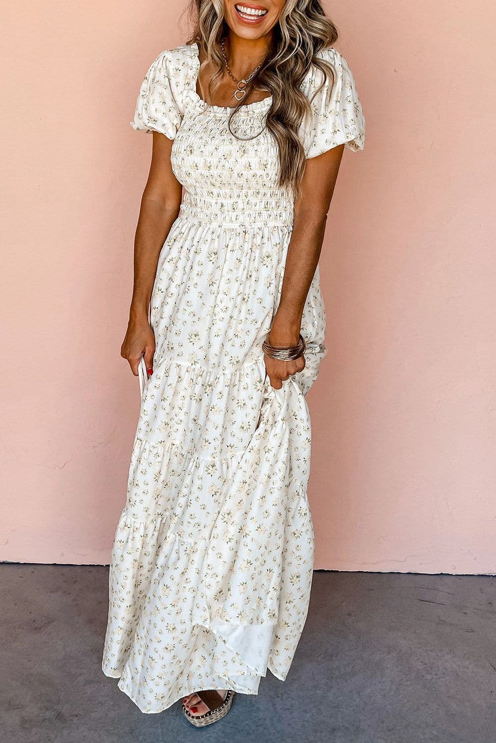 image-White Frilly Shirred Bodice Tiered Floral Maxi Dress