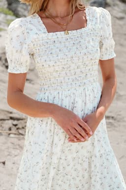 image-White Frilly Shirred Bodice Tiered Floral Maxi Dress