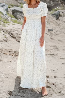 image-White Frilly Shirred Bodice Tiered Floral Maxi Dress