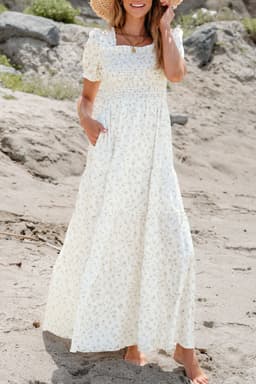 image-White Frilly Shirred Bodice Tiered Floral Maxi Dress