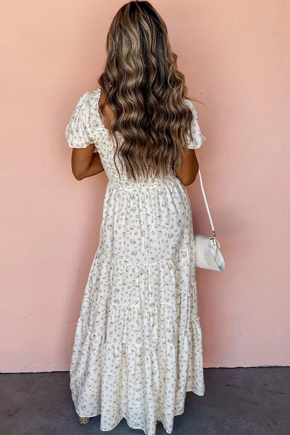 image-White Frilly Shirred Bodice Tiered Floral Maxi Dress