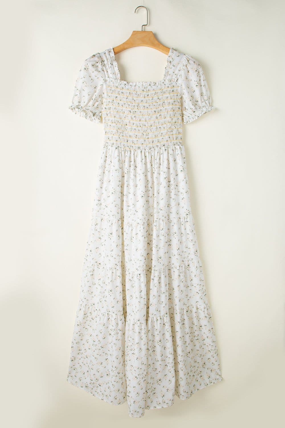image-White Frilly Shirred Bodice Tiered Floral Maxi Dress