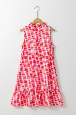 image-Pink Abstract Print Frilly Neck Sleeveless Mini Dress
