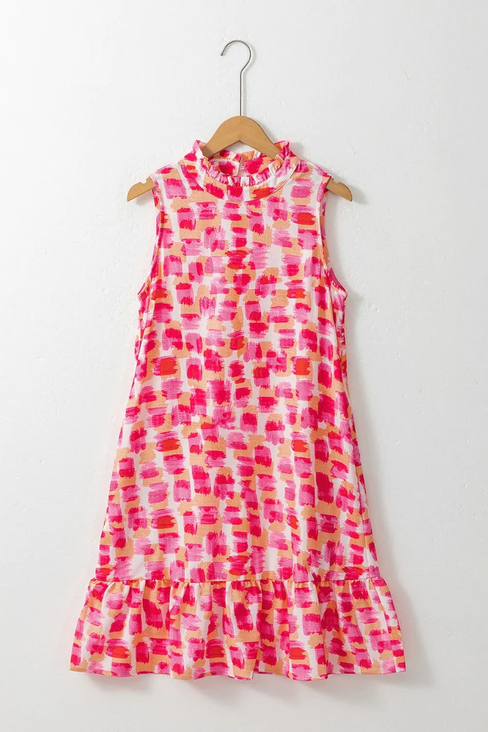 image-Pink Abstract Print Frilly Neck Sleeveless Mini Dress
