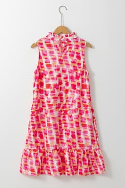 image-Pink Abstract Print Frilly Neck Sleeveless Mini Dress