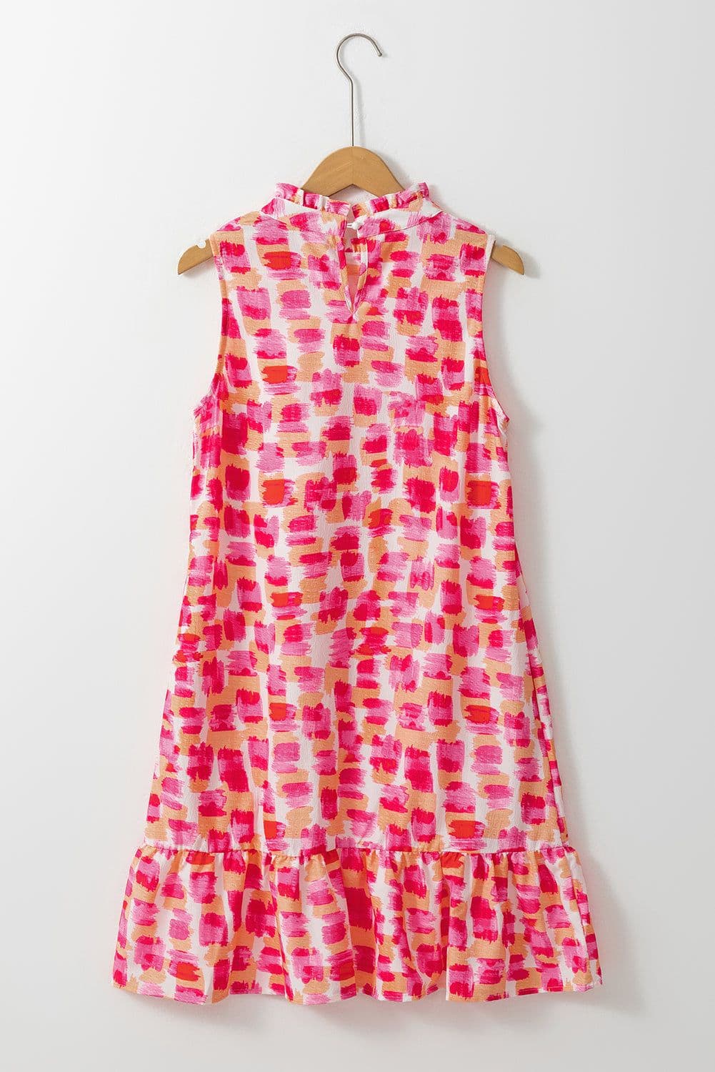 image-Pink Abstract Print Frilly Neck Sleeveless Mini Dress