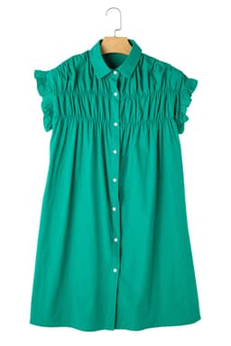 image-Bright Green Shirred Ruffle Sleeve Button Up Short Dress