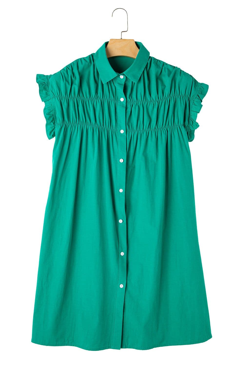 image-Bright Green Shirred Ruffle Sleeve Button Up Short Dress