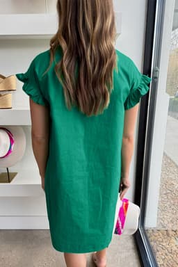 image-Bright Green Shirred Ruffle Sleeve Button Up Short Dress