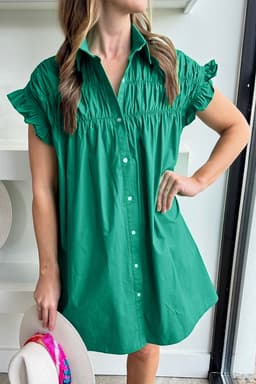 image-Bright Green Shirred Ruffle Sleeve Button Up Short Dress