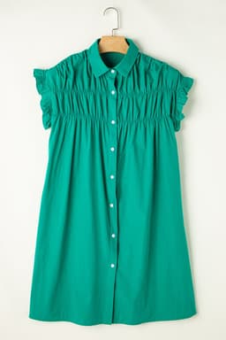image-Bright Green Shirred Ruffle Sleeve Button Up Short Dress