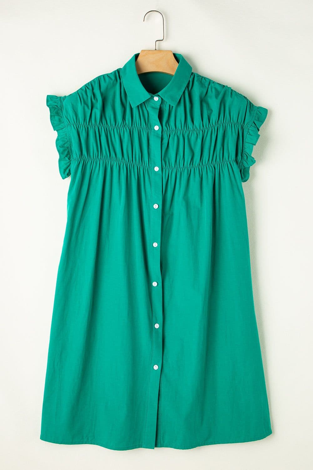 image-Bright Green Shirred Ruffle Sleeve Button Up Short Dress