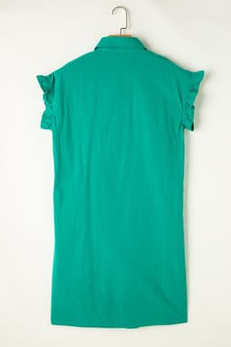 image-Bright Green Shirred Ruffle Sleeve Button Up Short Dress