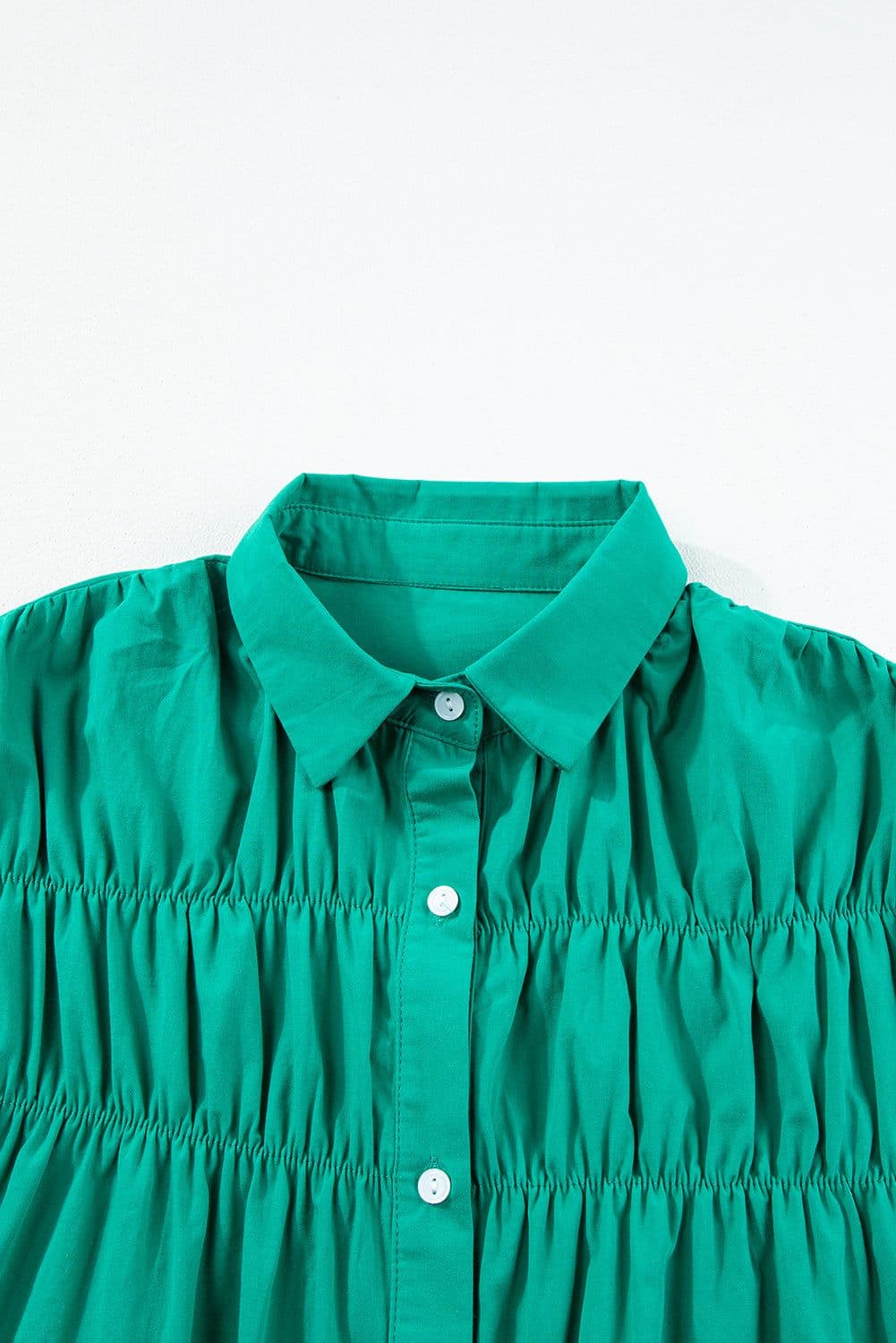 image-Bright Green Shirred Ruffle Sleeve Button Up Short Dress