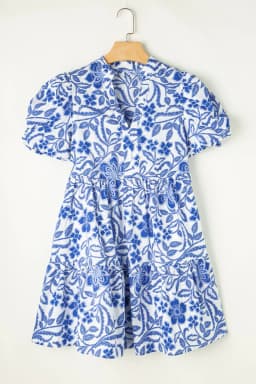 image-Blue Flower Print Puff Sleeve Tiered Dress