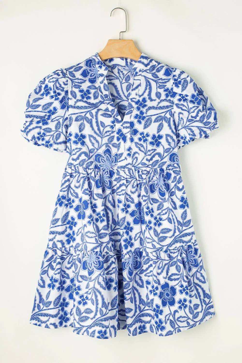 image-Blue Flower Print Puff Sleeve Tiered Dress
