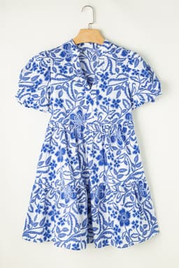 image-Blue Flower Print Puff Sleeve Tiered Dress