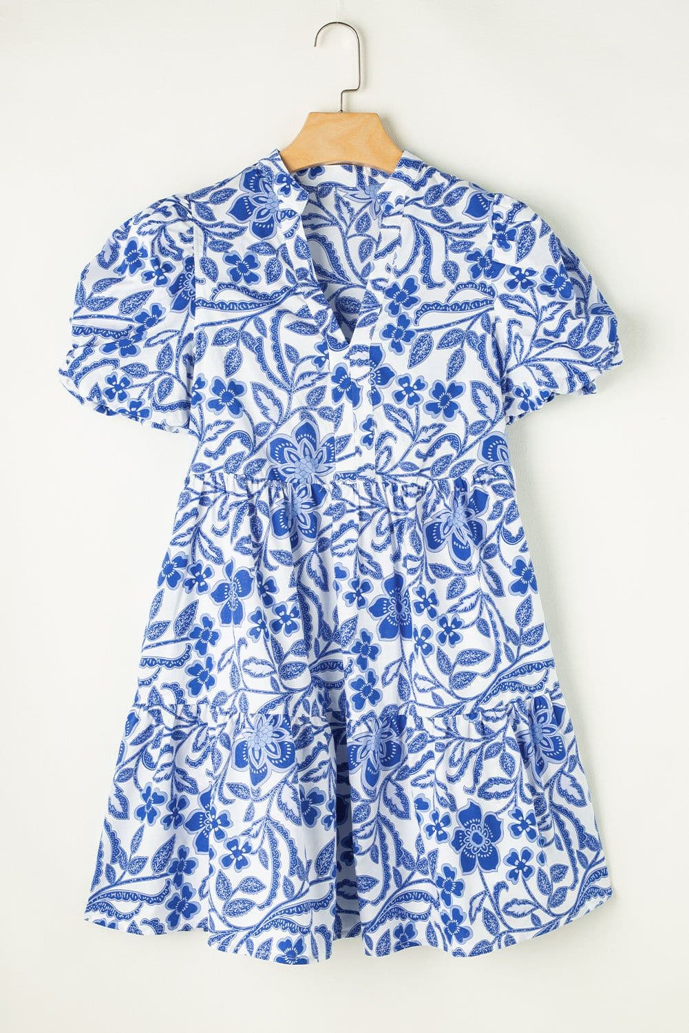 image-Blue Flower Print Puff Sleeve Tiered Dress