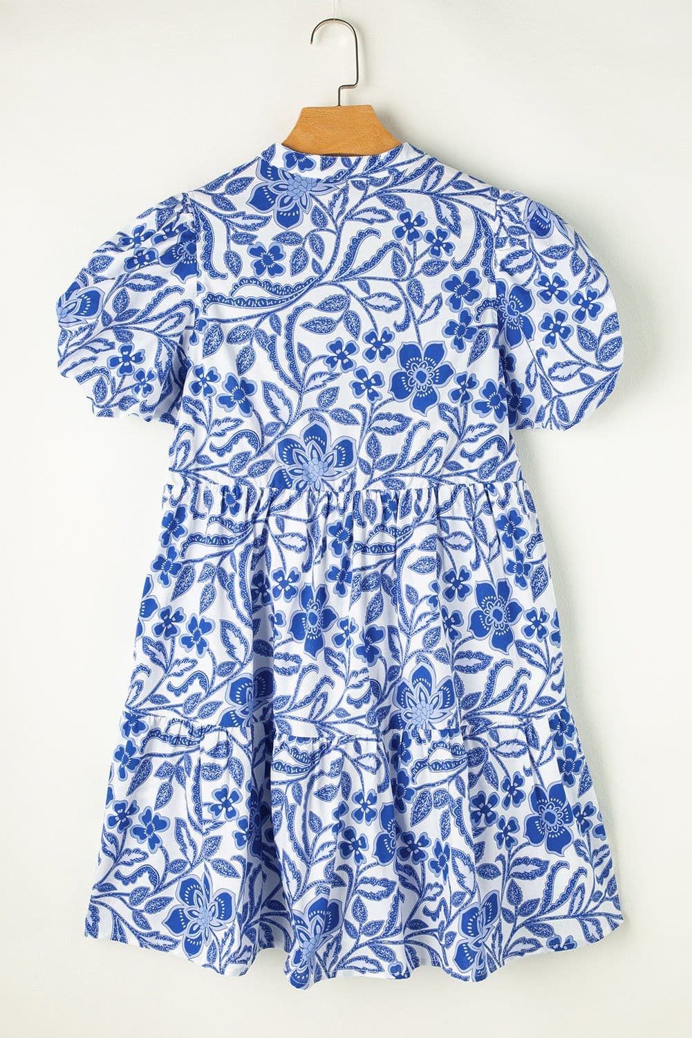image-Blue Flower Print Puff Sleeve Tiered Dress