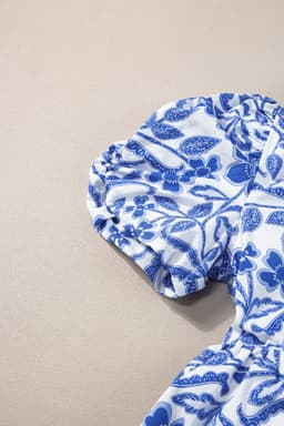 image-Blue Flower Print Puff Sleeve Tiered Dress
