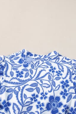 image-Blue Flower Print Puff Sleeve Tiered Dress