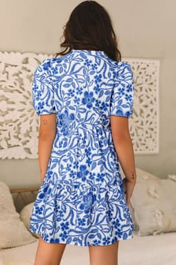 image-Blue Flower Print Puff Sleeve Tiered Dress