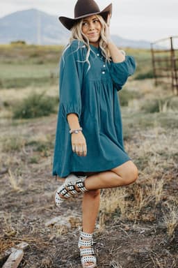 image-Blue Corduroy Snap Buttons Empire Waist Bracelet Sleeve Dress