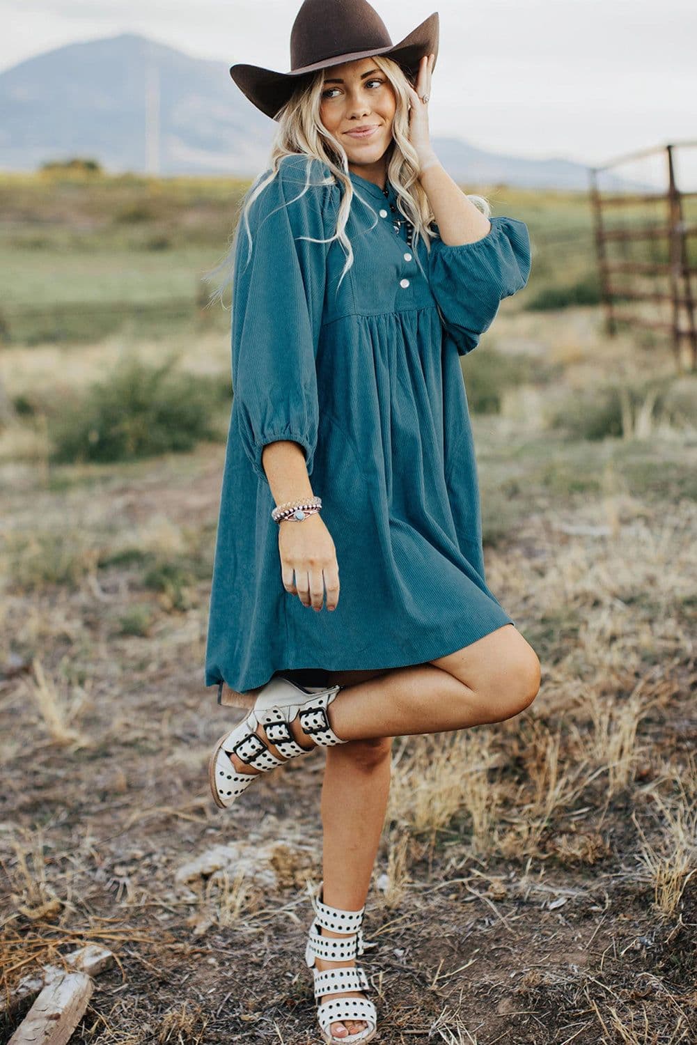 image-Blue Corduroy Snap Buttons Empire Waist Bracelet Sleeve Dress