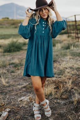 image-Blue Corduroy Snap Buttons Empire Waist Bracelet Sleeve Dress