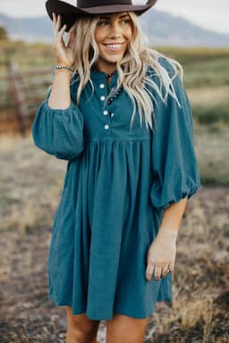 image-Blue Corduroy Snap Buttons Empire Waist Bracelet Sleeve Dress