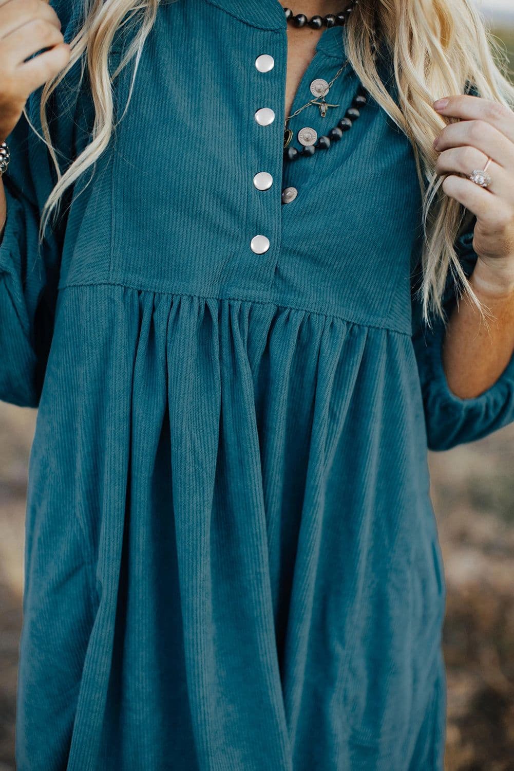 image-Blue Corduroy Snap Buttons Empire Waist Bracelet Sleeve Dress