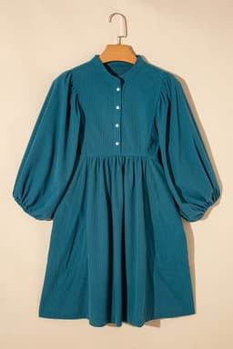 image-Blue Corduroy Snap Buttons Empire Waist Bracelet Sleeve Dress