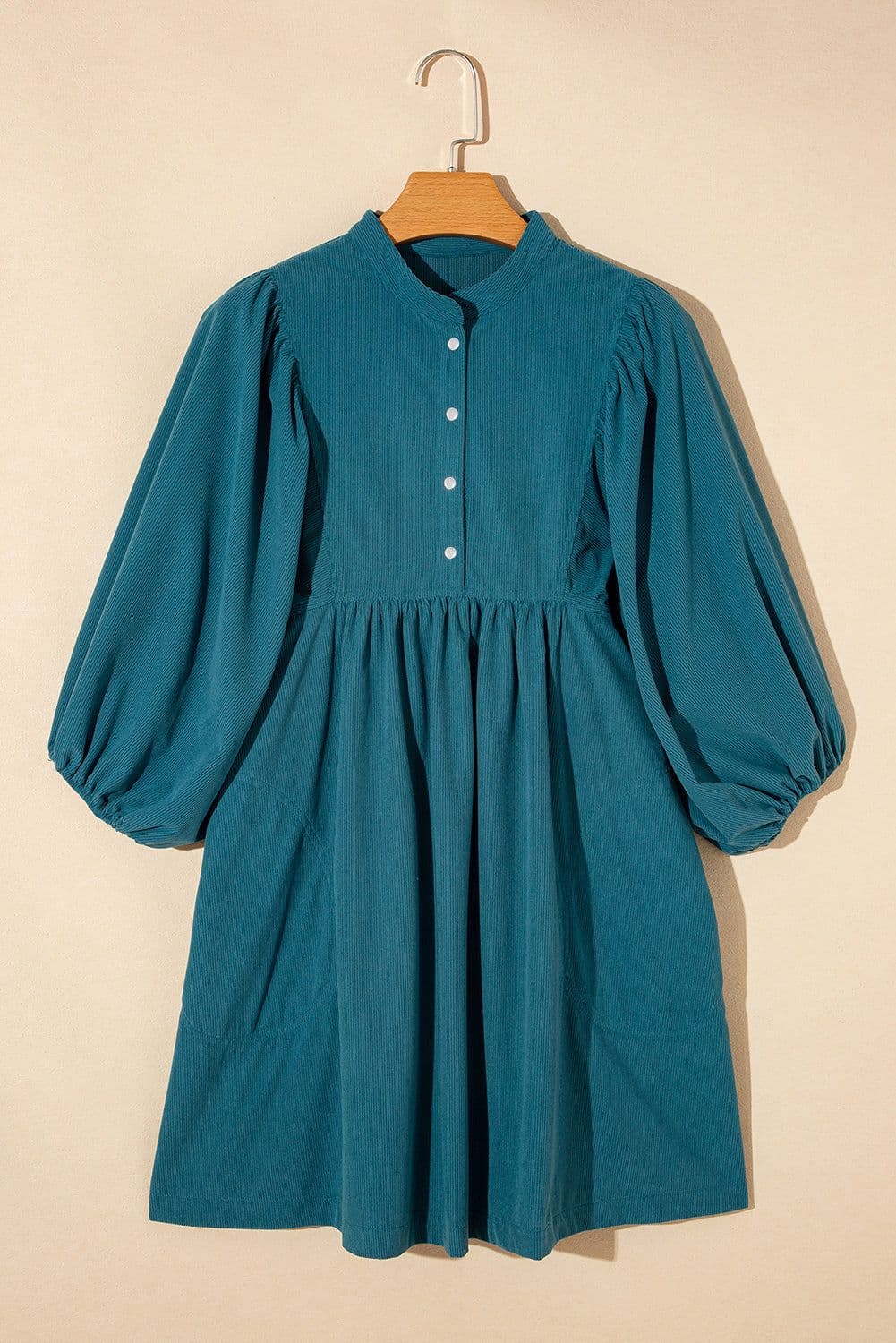 image-Blue Corduroy Snap Buttons Empire Waist Bracelet Sleeve Dress