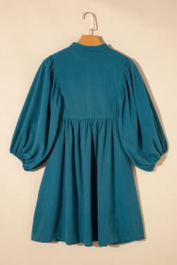 image-Blue Corduroy Snap Buttons Empire Waist Bracelet Sleeve Dress