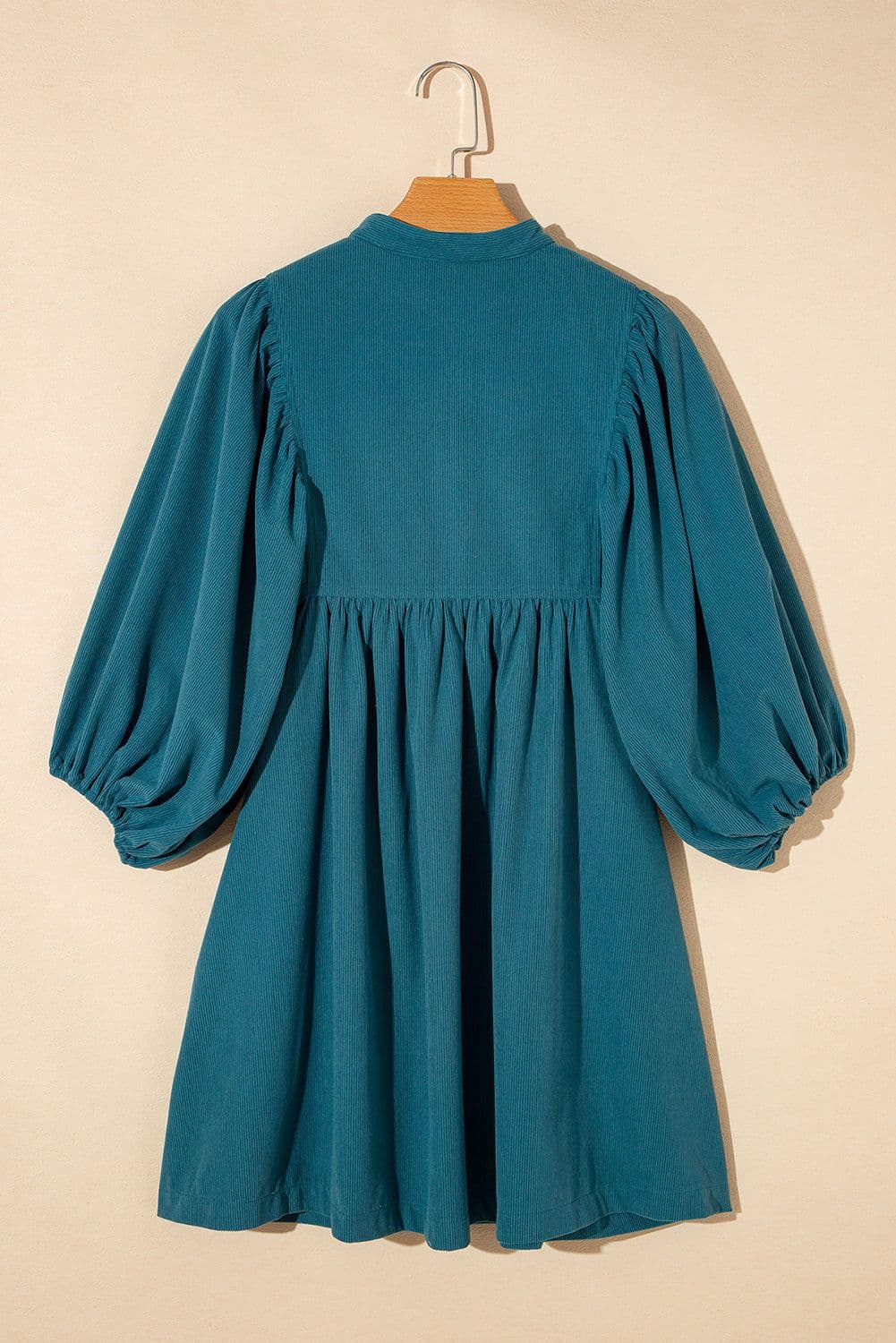 image-Blue Corduroy Snap Buttons Empire Waist Bracelet Sleeve Dress
