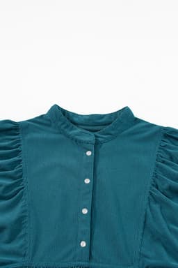 image-Blue Corduroy Snap Buttons Empire Waist Bracelet Sleeve Dress