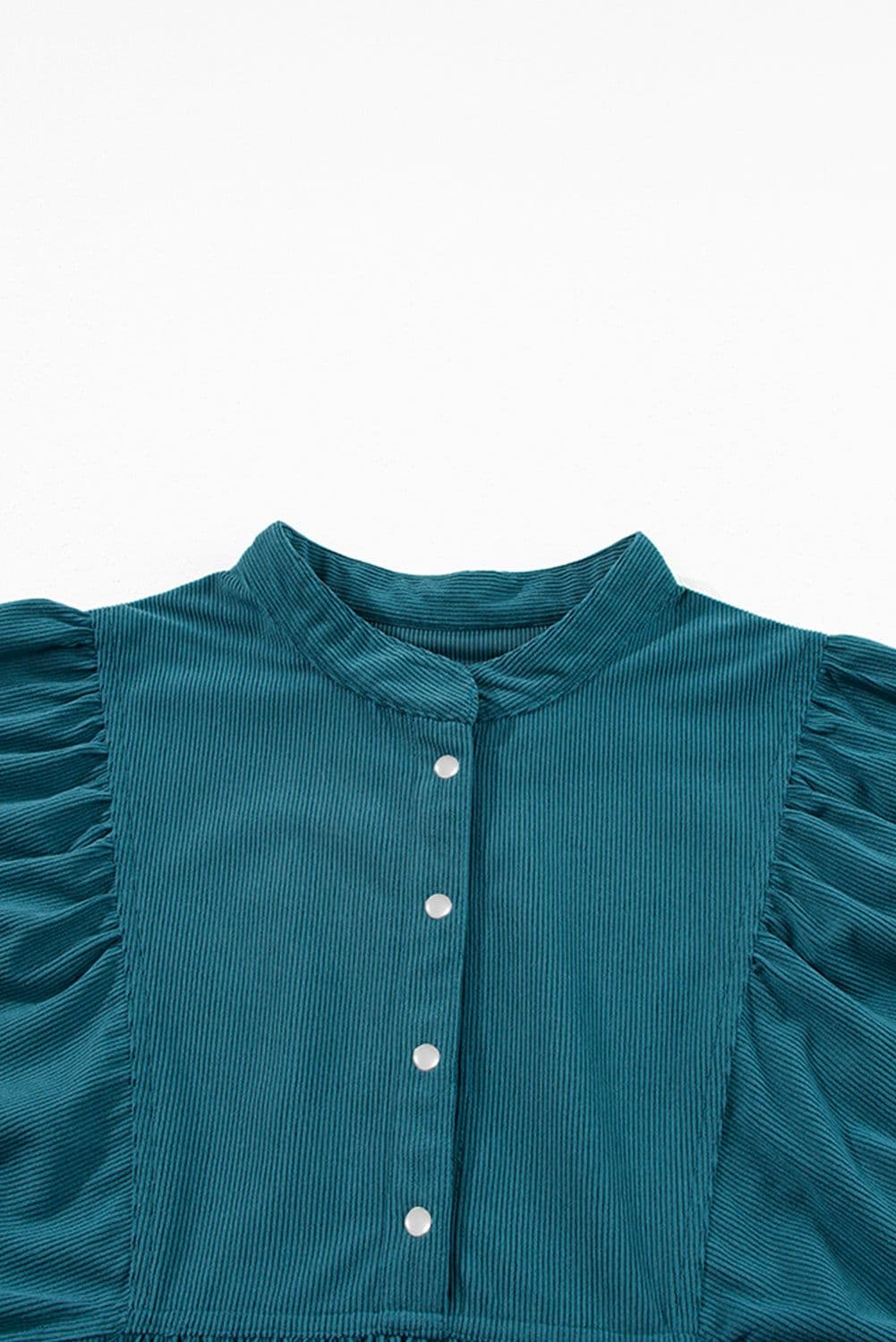 image-Blue Corduroy Snap Buttons Empire Waist Bracelet Sleeve Dress