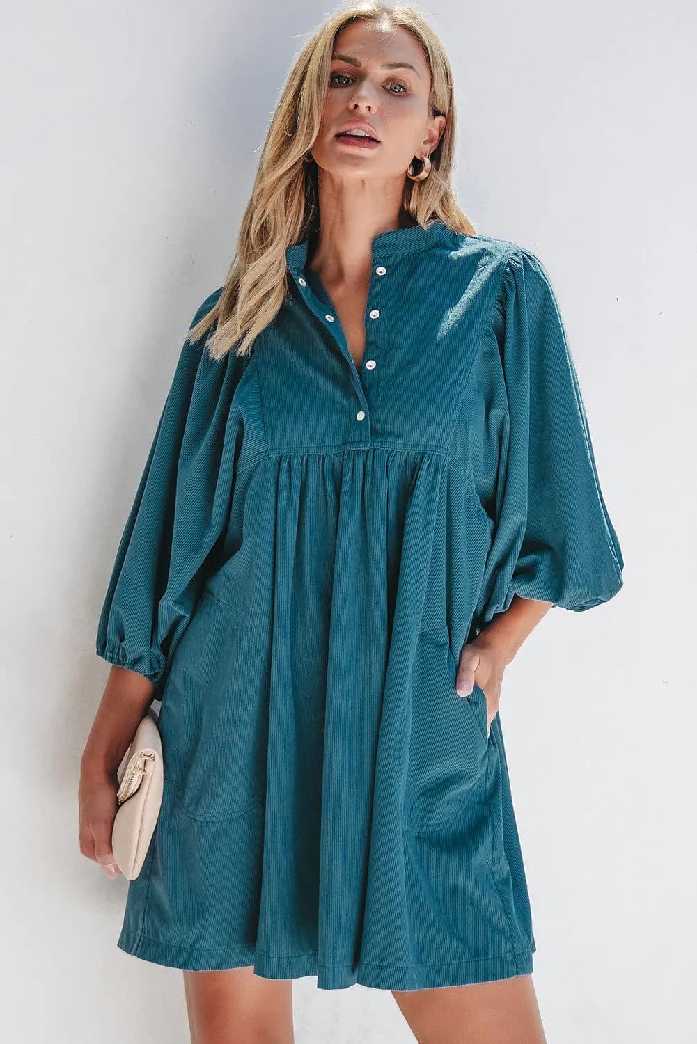 image-Blue Corduroy Snap Buttons Empire Waist Bracelet Sleeve Dress