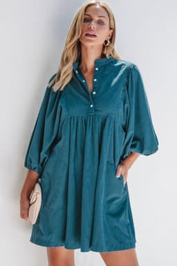 image-Blue Corduroy Snap Buttons Empire Waist Bracelet Sleeve Dress