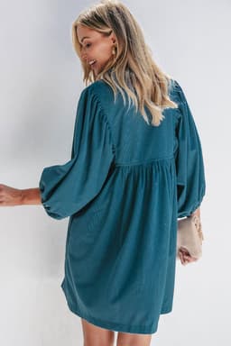 image-Blue Corduroy Snap Buttons Empire Waist Bracelet Sleeve Dress