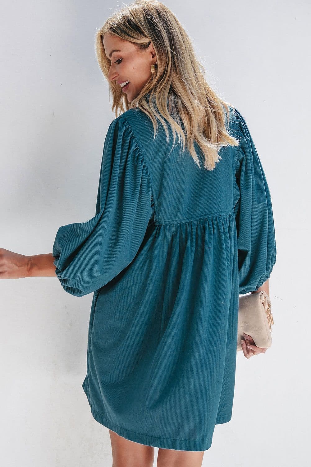 image-Blue Corduroy Snap Buttons Empire Waist Bracelet Sleeve Dress