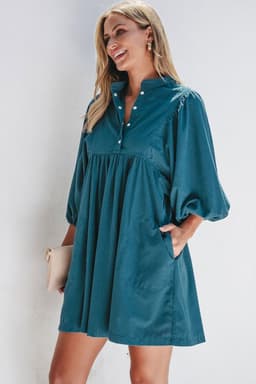 image-Blue Corduroy Snap Buttons Empire Waist Bracelet Sleeve Dress
