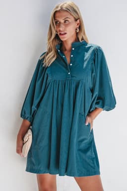 image-Blue Corduroy Snap Buttons Empire Waist Bracelet Sleeve Dress