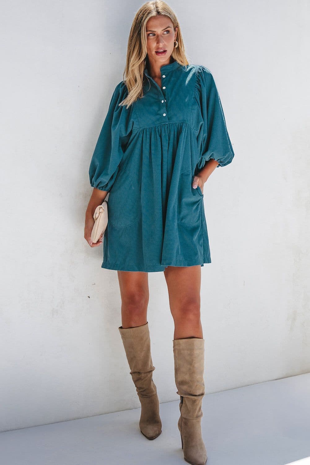 image-Blue Corduroy Snap Buttons Empire Waist Bracelet Sleeve Dress