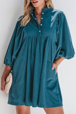 image-Blue Corduroy Snap Buttons Empire Waist Bracelet Sleeve Dress