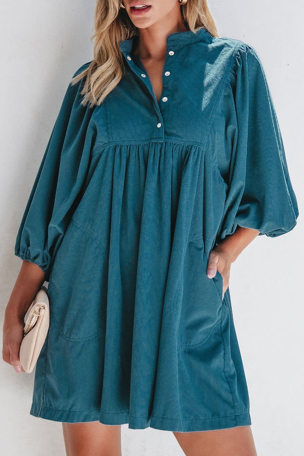 image-Blue Corduroy Snap Buttons Empire Waist Bracelet Sleeve Dress