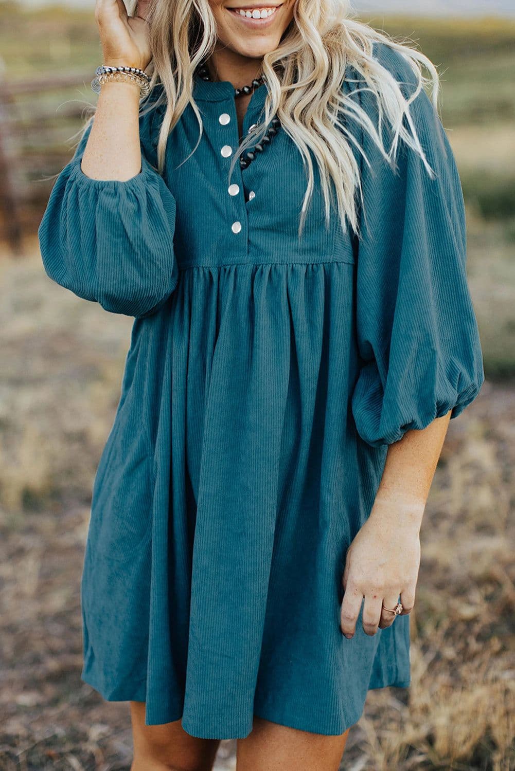 image-Blue Corduroy Snap Buttons Empire Waist Bracelet Sleeve Dress